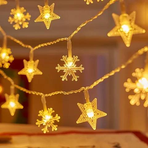 RV-357 Star and Snowflake String Lights, 2 m, 20 pcs, Rechargeable Battery + USB
