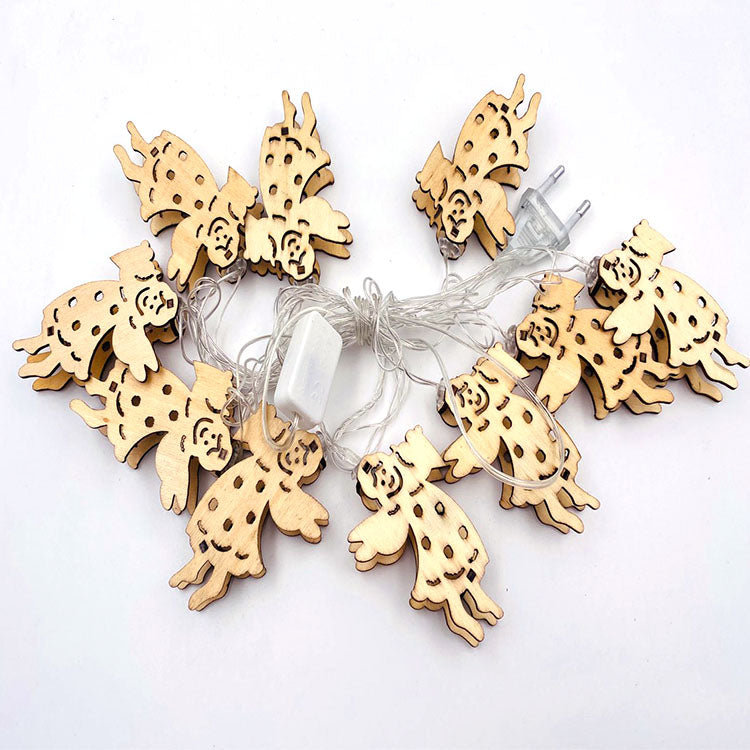 RV-79-2 Angel Wooden Figure String Lights, 10 pcs, Transparent Cord, 2 m, USB, Warm Light