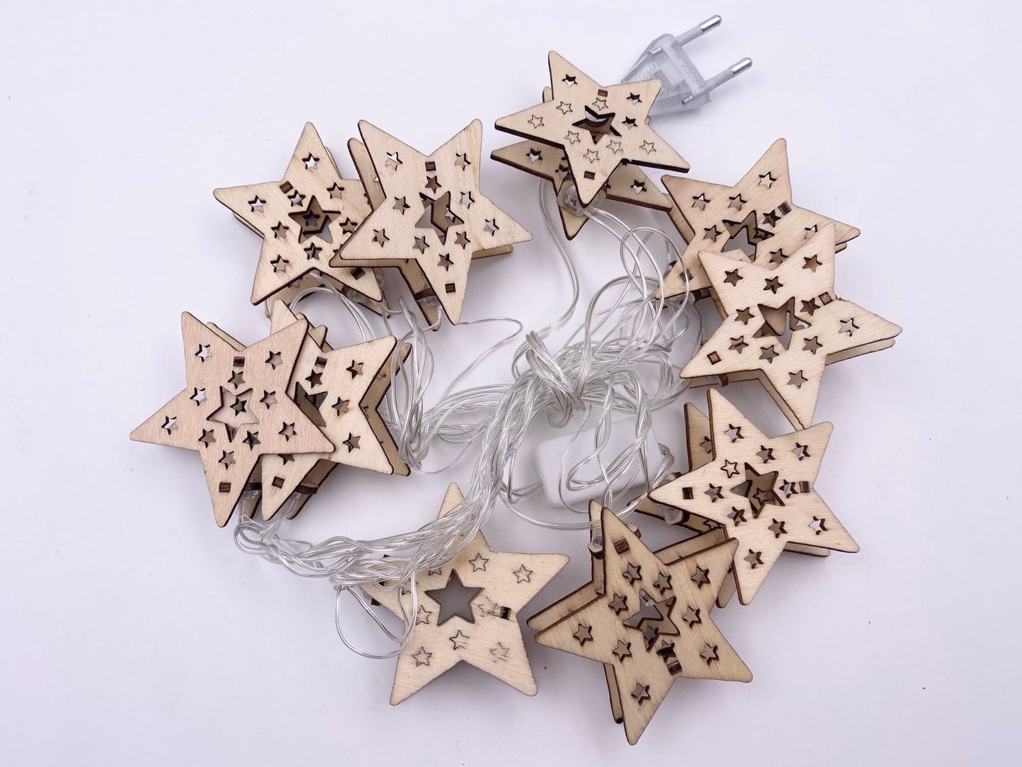 RV-79-4 Star Wooden Figure String Lights, 10 pcs, Transparent Cord, 2 m, USB, Warm Light
