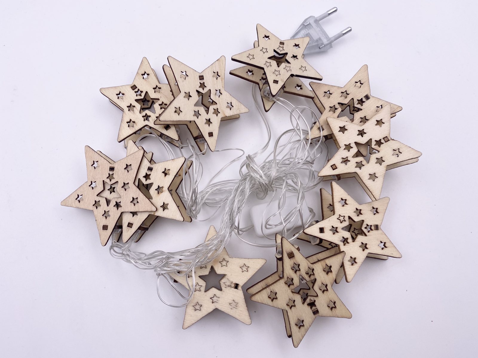 RV-79-4 Star Wooden Figure String Lights, 10 pcs, Transparent Cord, 2 m, USB, Warm Light