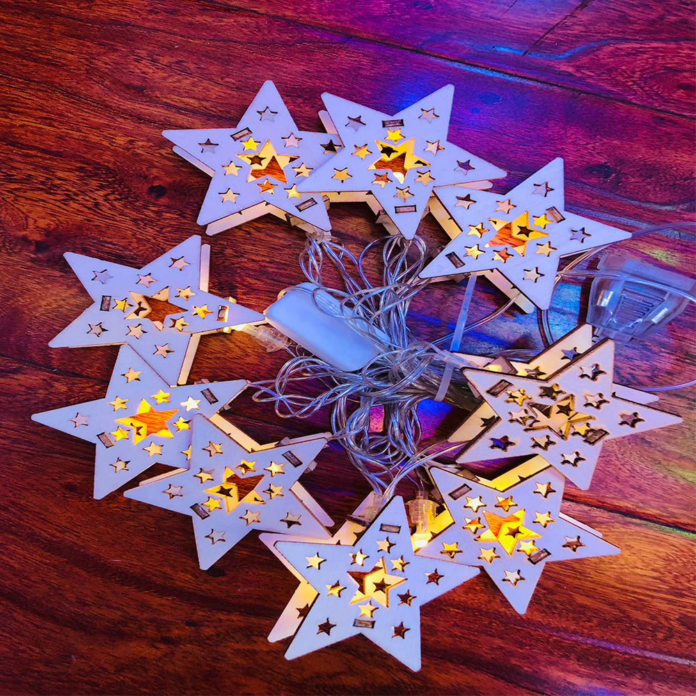 RV-79-4 Star Wooden Figure String Lights, 10 pcs, Transparent Cord, 2 m, USB, Warm Light - Image 2