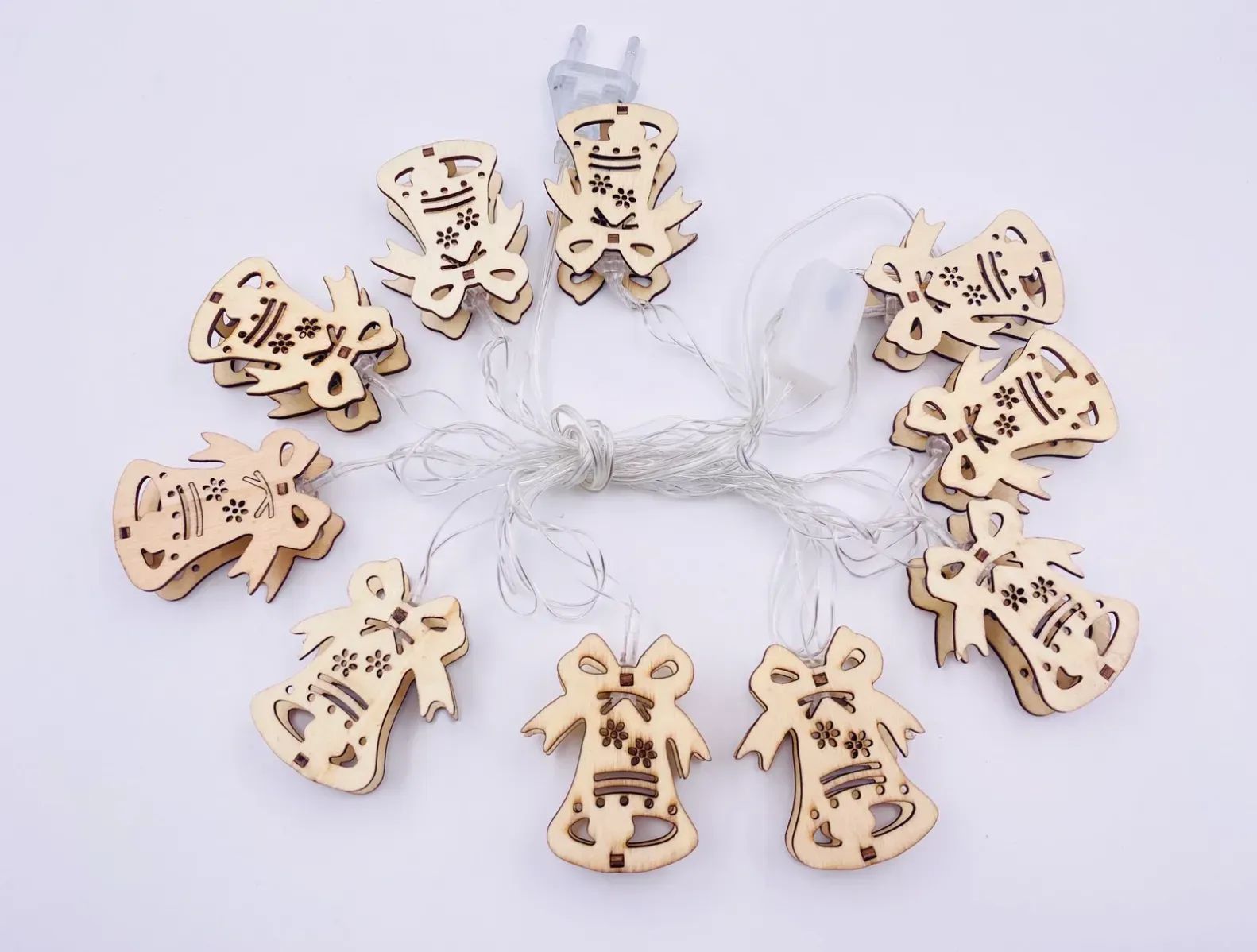 RV-79-3 Bell Wooden Figure String Lights, 10 pcs, Transparent Cord, 2 m, USB, Warm Light
