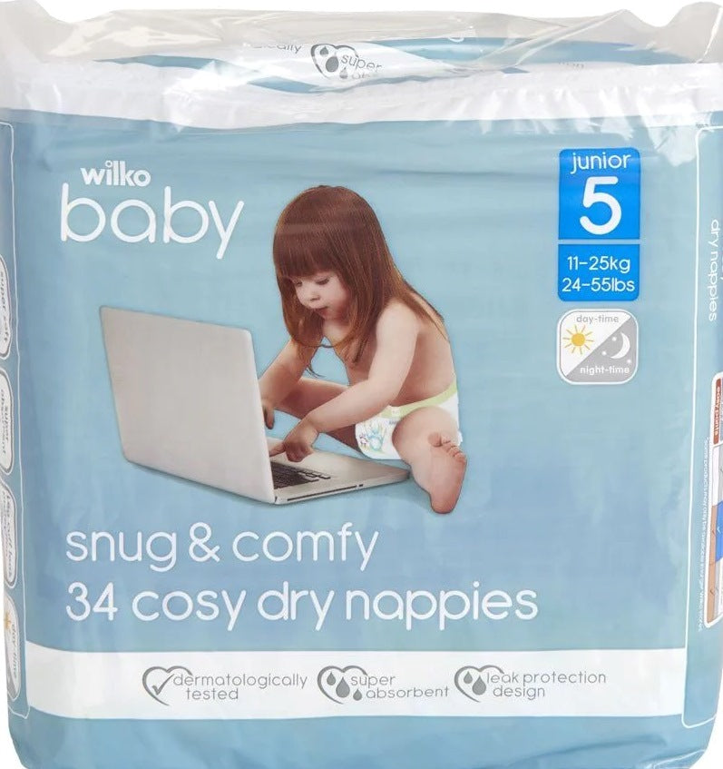 Wilko Baby Cosy Dry Size 5 Baby Diapers, 11-25 kg, 34 pcs