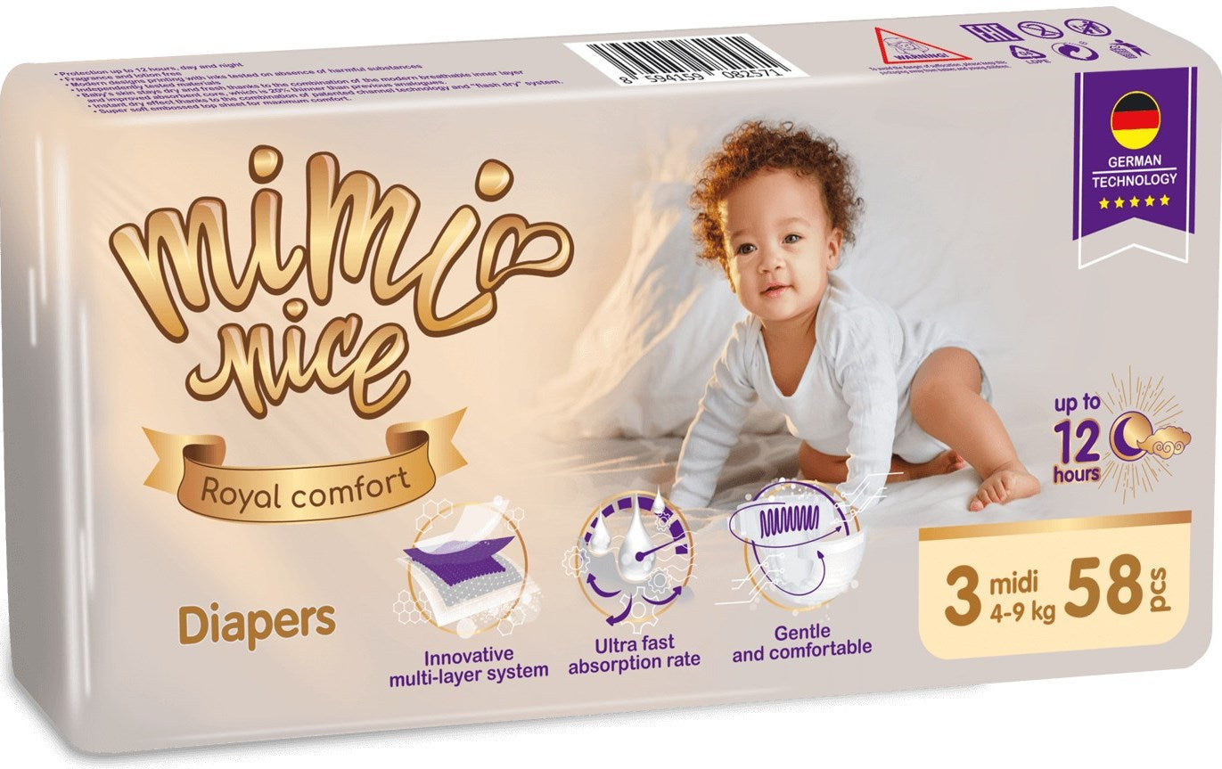MiMi Nice Royal Comfort Size 3 Midi Baby Diapers, 4-9 kg, 58 pcs