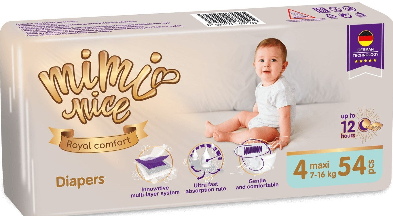 MiMi Nice Royal Comfort Size 4 Maxi Baby Diapers, 7-16 kg, 54 pcs