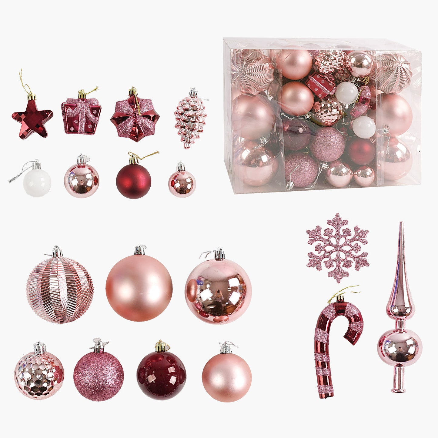 C 67530 Ball, Star, Pine Cone & Snowflake Christmas Ornament Set, 65 pcs