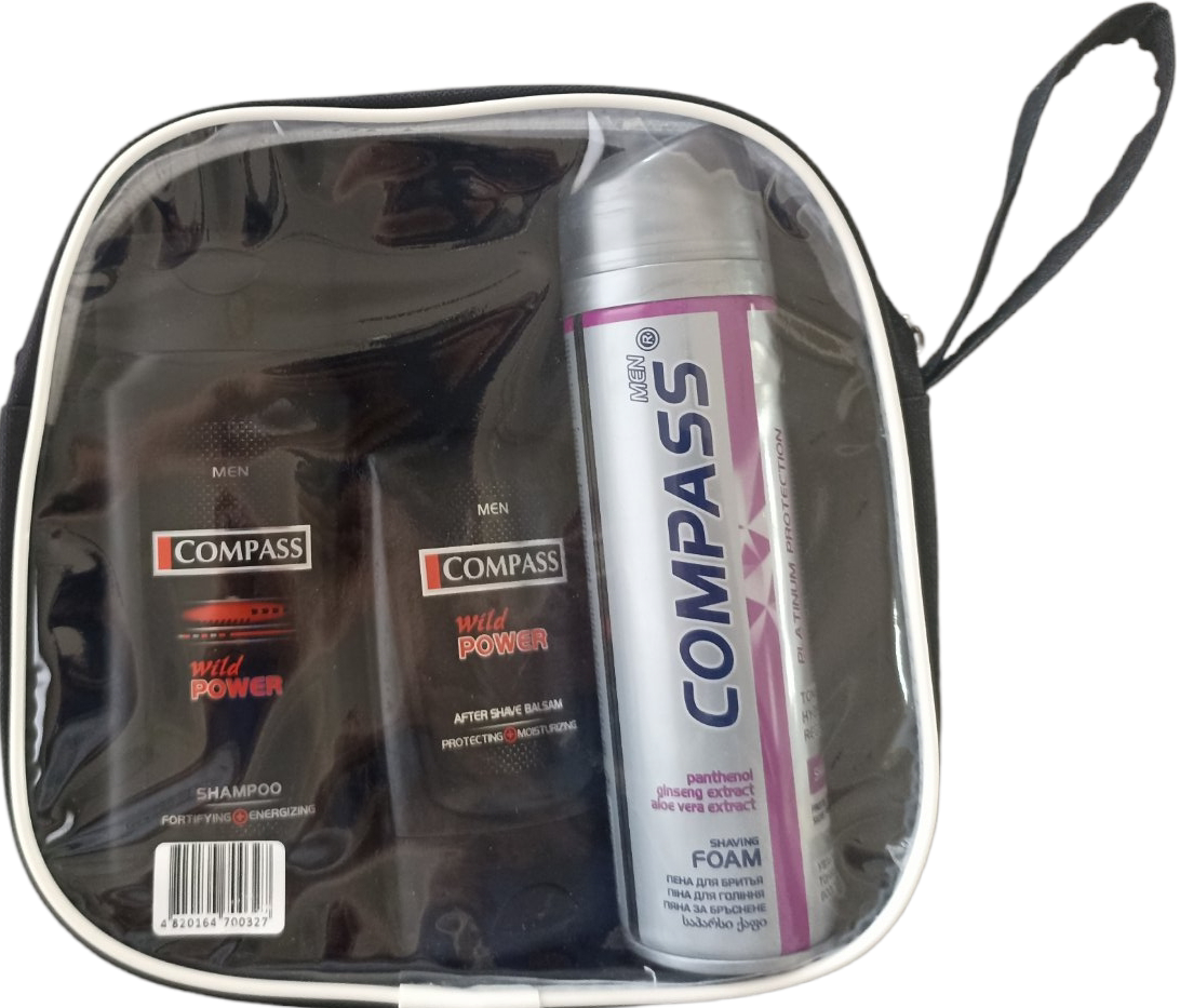 Compass Wild Power Men's Toiletry Bag Gift Set: Shaving Foam, Aftershave Balm & Shampoo