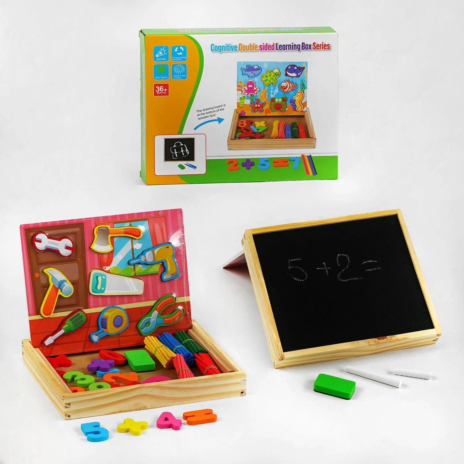 C 61436 Wooden Counting Game with Counting Sticks, Numbers, Chalk & Chalkboard