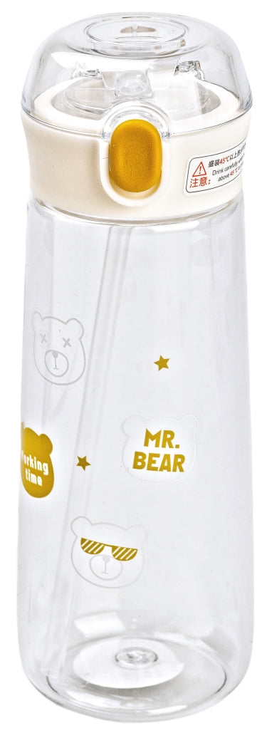 Mr. Bear Working Time Brown Water Bottle with Locking Lid & Straw, 600 mL