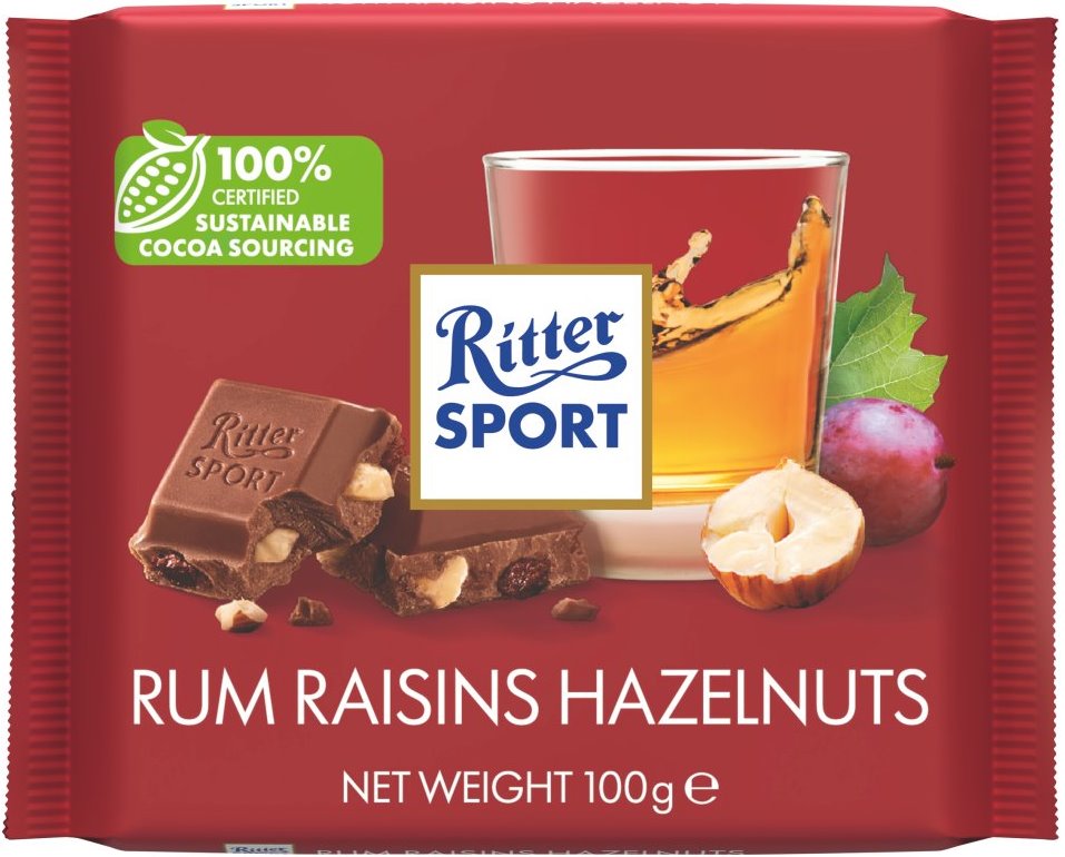 Ritter Sport Rum Raisins Hazelnuts Chocolate, 100 g