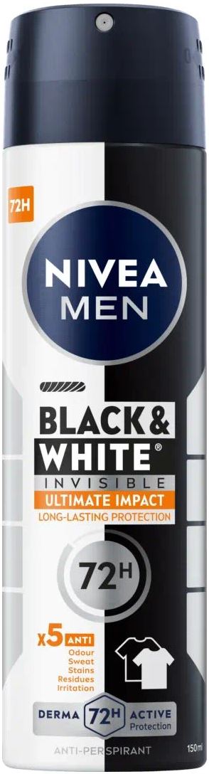 Nivea Men's Antiperspirant Deodorant Black & White Invisible Ultimate Impact Spray, 150 mL