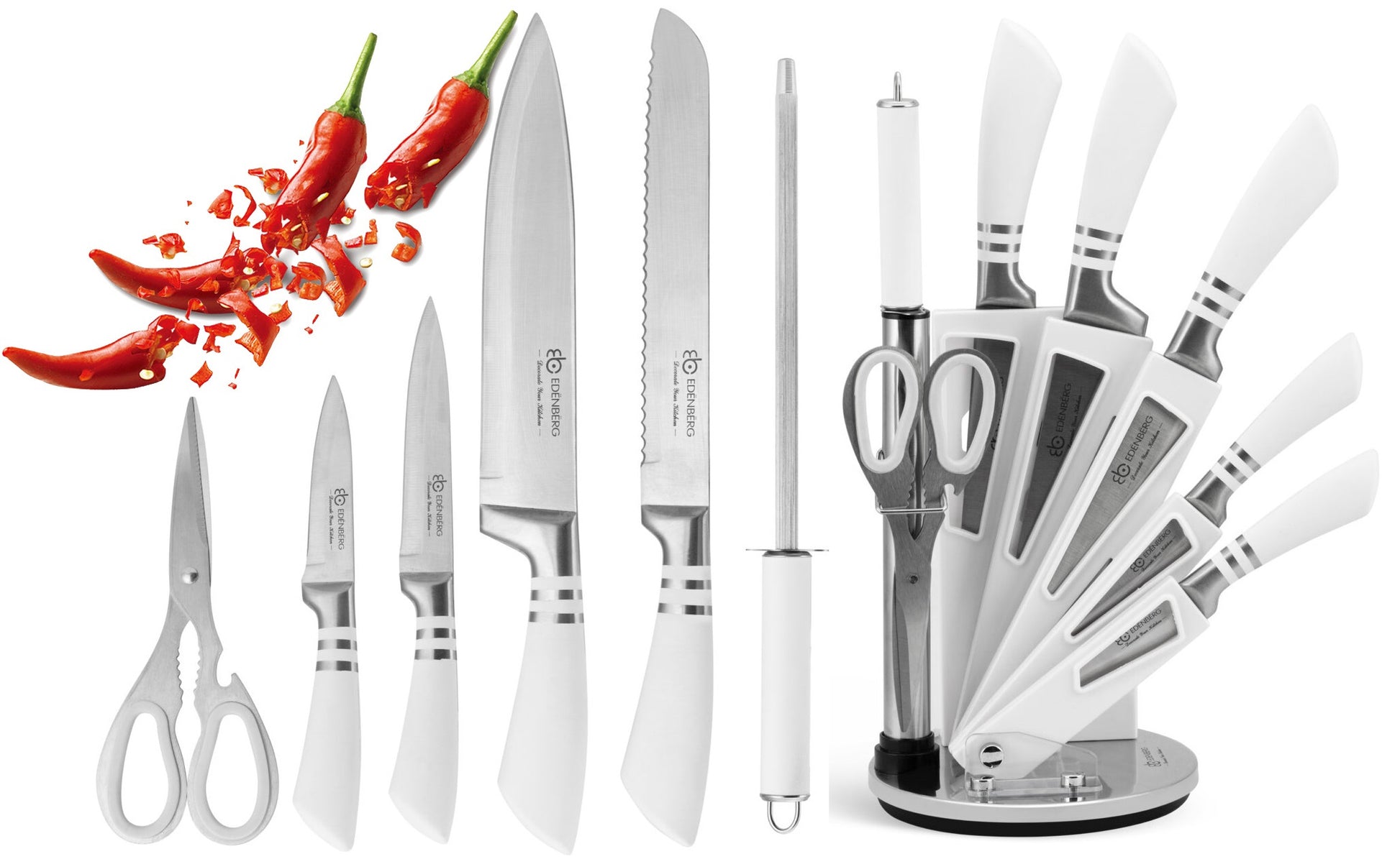 Edenberg EB-942 White Stainless Steel Kitchen Knife Set with Stand, 8 pcs - Image 3
