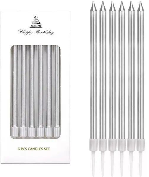 7376-4-S Happy Birthday Slim Silver Cake Candles, 13 cm, 6 pcs