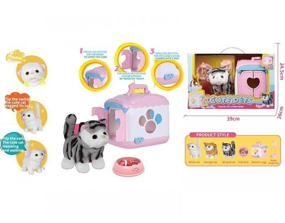 933-78 E Cute Pets Walking & Meowing Kitten Toy with Carrier, Water Bowl & Accessories