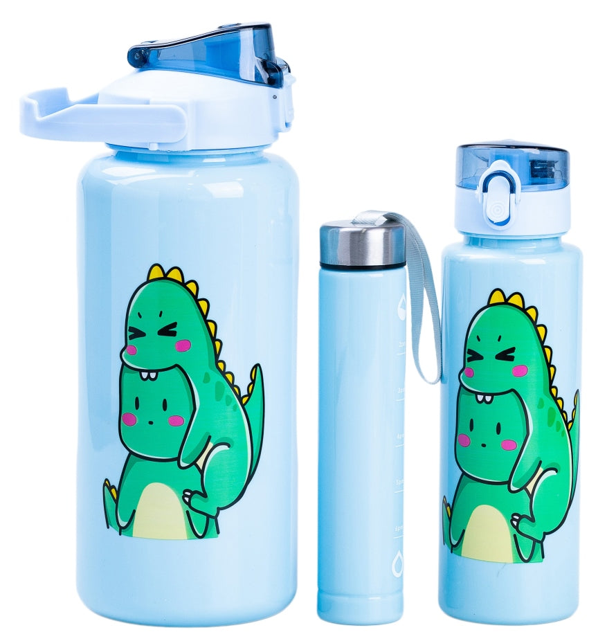 Dinosaur Light Blue 3-in-1 Water Bottle Set, 300 mL, 700 mL & 2 L