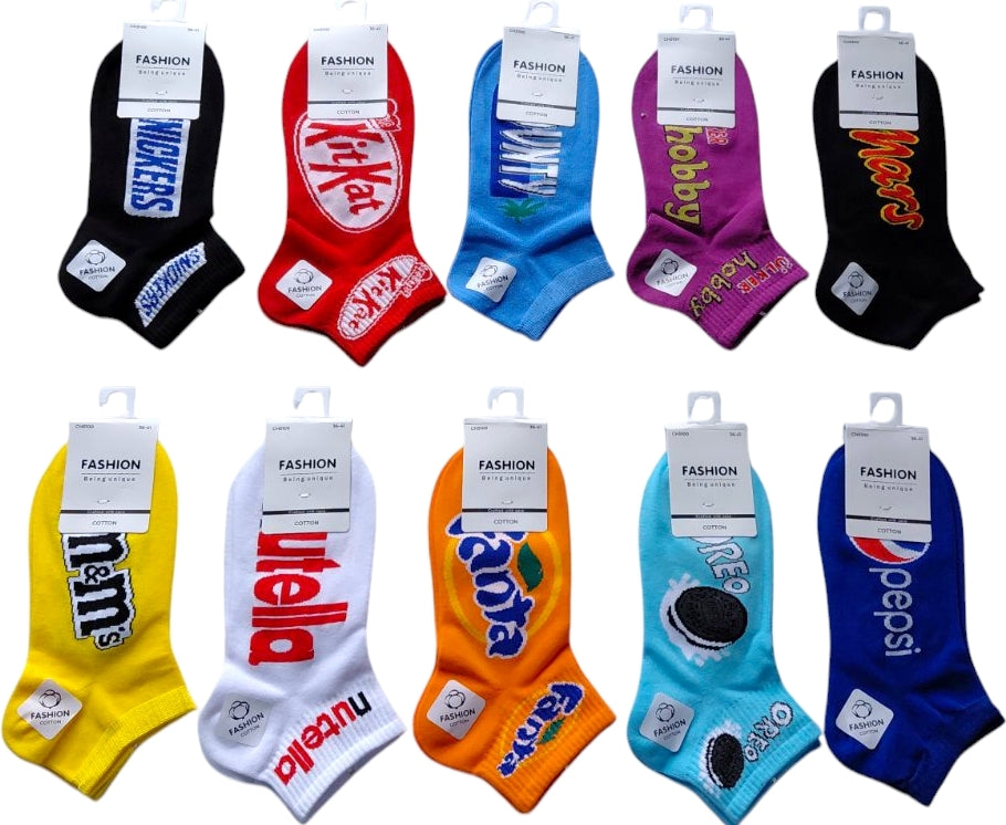 Fashion SN5100 Women's Short Socks with Sweets & Drinks Print, Size 36-41, Assorted