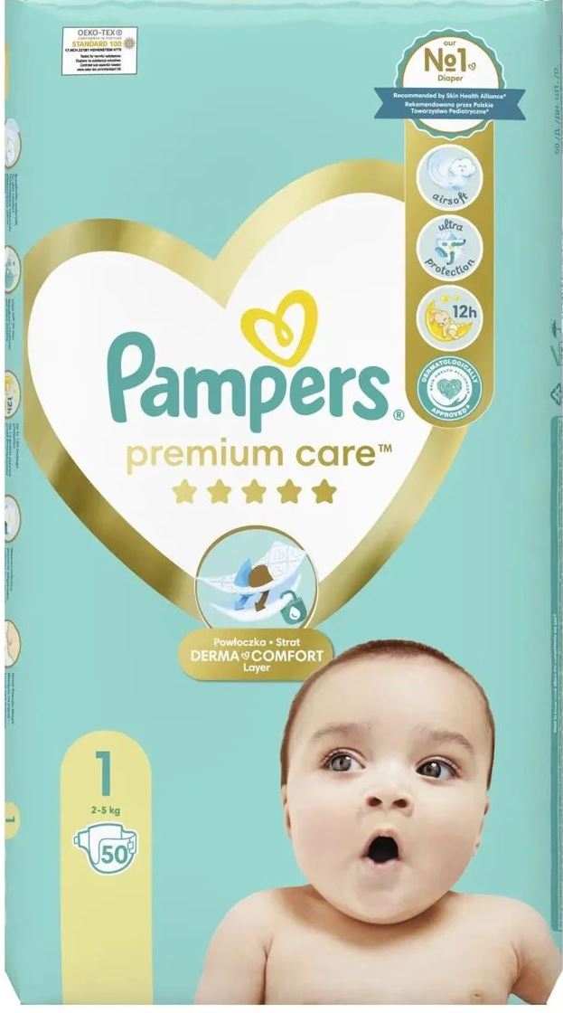 Pampers Premium Care Size 1 Baby Diapers, 2-5 kg, 50 pcs