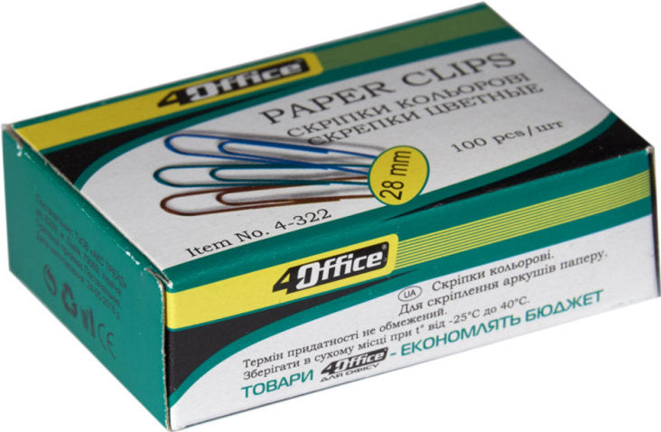 4Office 4-322 Colored Metal Paper Clips, 100 pcs