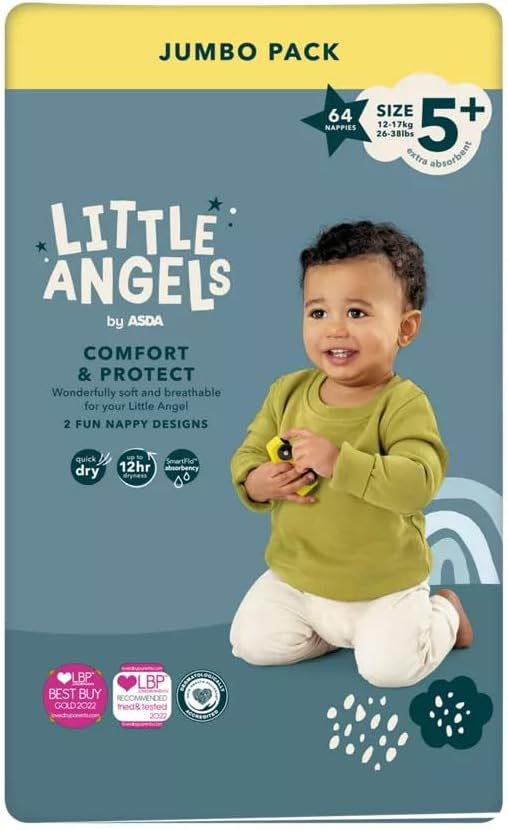 Asda Little Angels Comfort & Protect Size 5+ Baby Diapers, 12-17 kg, 64 pcs
