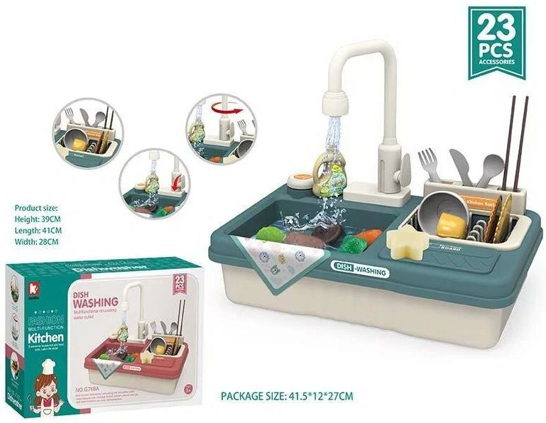 G768A Dishwashing Sink Kitchen Play Set with 23 Accessories, Automatic Water Flow & Battery Power