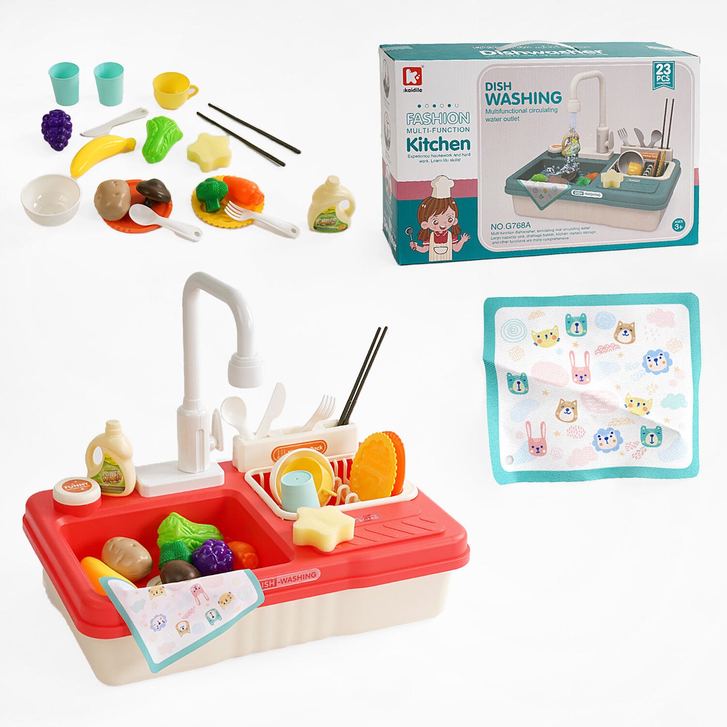 G768A Dishwashing Sink Kitchen Play Set with 23 Accessories, Automatic Water Flow & Battery Power - Image 2