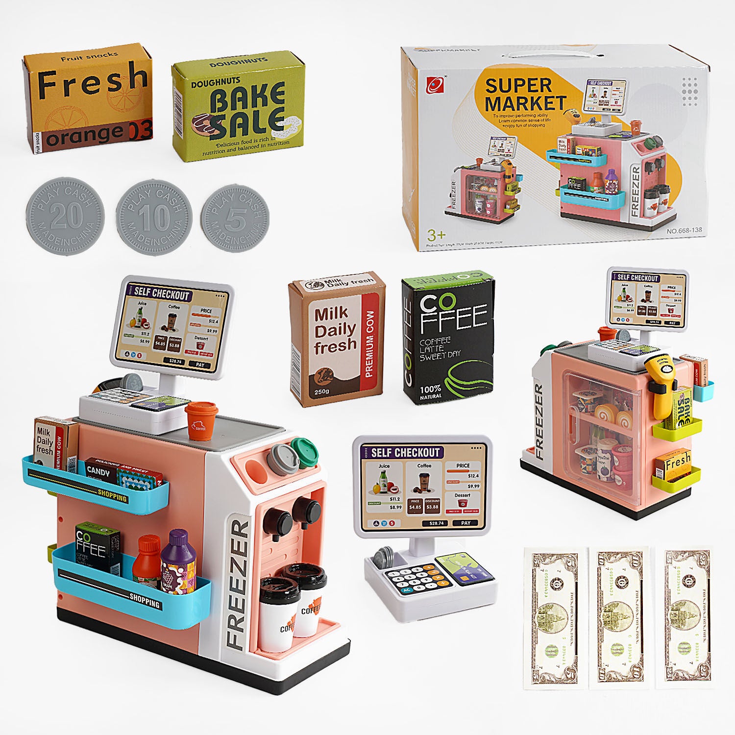 668-138 Supermarket Play Set with 46 Pieces, Sound, Lights, Scanner, Food & Banknotes
