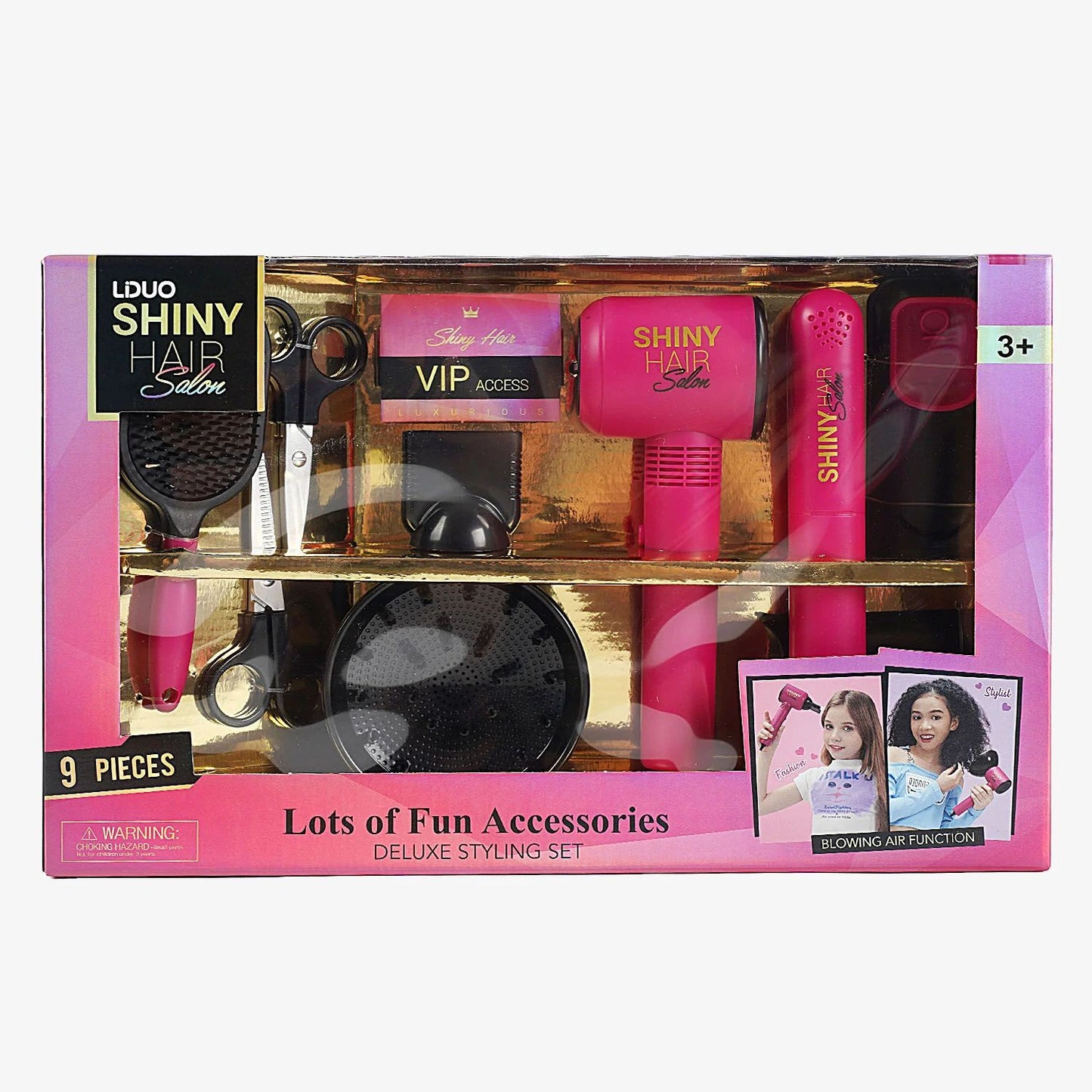 Shiny Hair Salon 626029 Hairdresser Play Set with Air-Blowing Hair Dryer, Styler & 9 Accessories