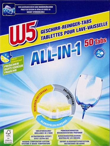 W5 All-in-1 Lemon Scent Dishwasher Tablets, 50 pcs (Price per 1 pc)