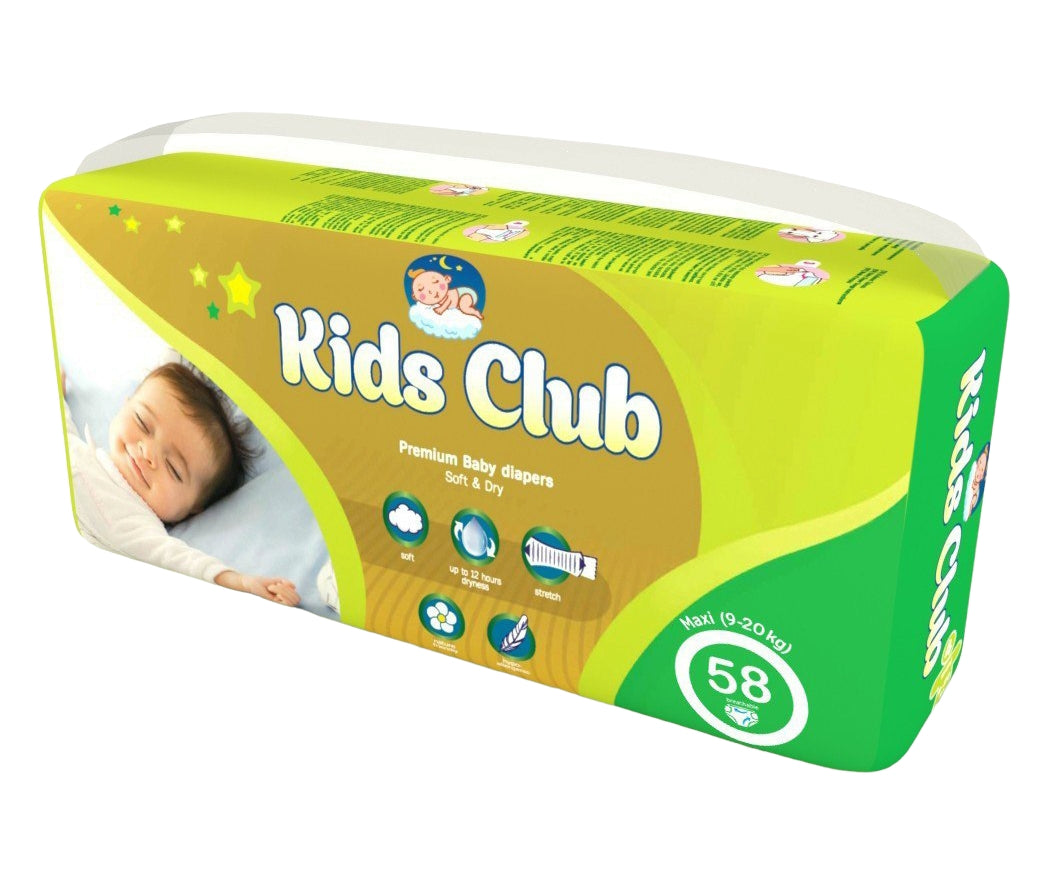 Kids Club Soft & Dry Maxi Size 4 Baby Diapers, 9-20 kg, 58 pcs