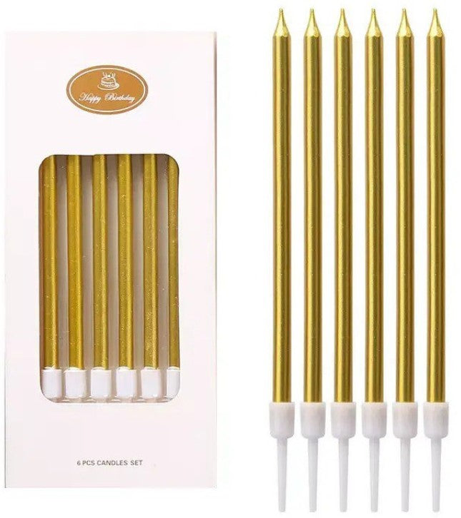7376-4-G Happy Birthday Slim Gold Cake Candles, 13 cm, 6 pcs