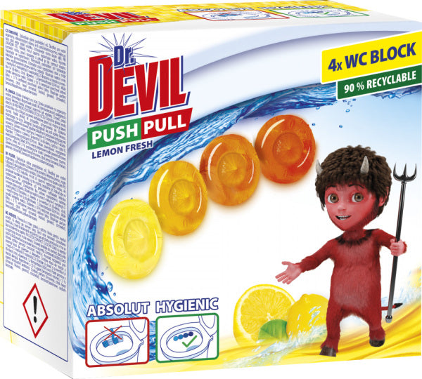 Dr. Devil Push Pull Lemon Freshness Cage-Free Toilet Blocks, 4 x 20 g