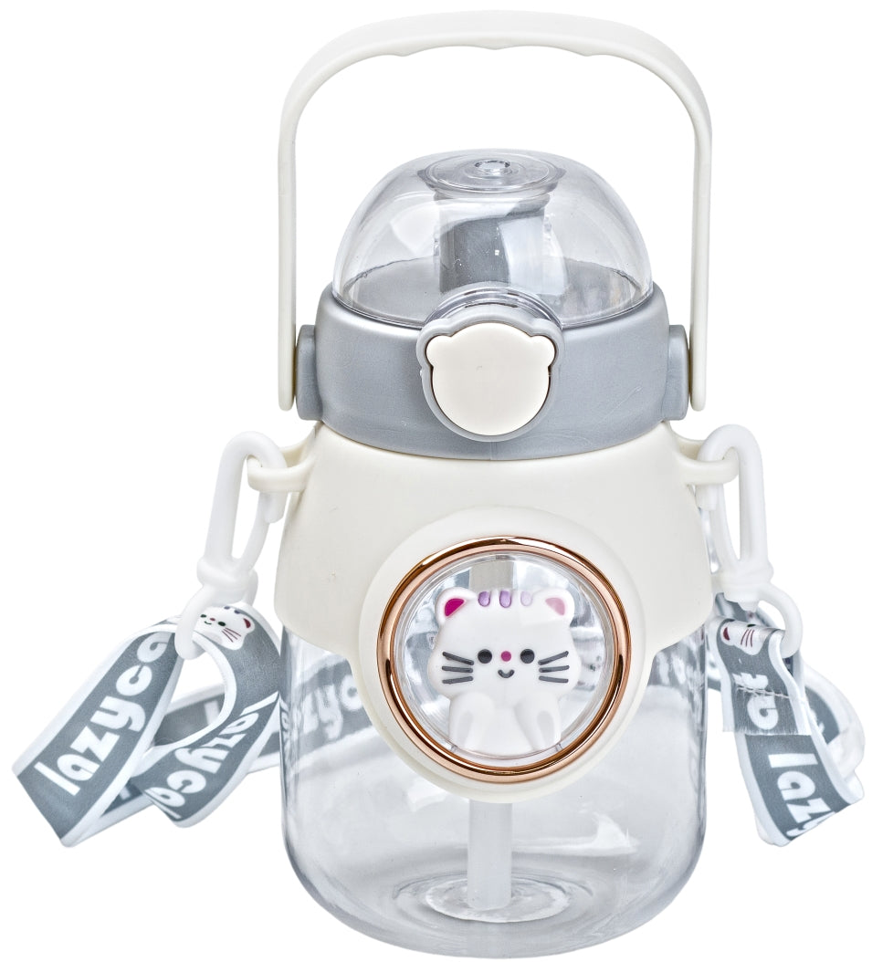 8019 Gray Kids' Water Bottle with Handle, Straw & Strap, 800 mL