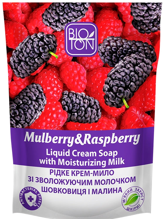 Bioton Cosmetics Mulberry & Raspberry Moisturizing Milk Liquid Cream Soap Refill Pouch, 450 mL