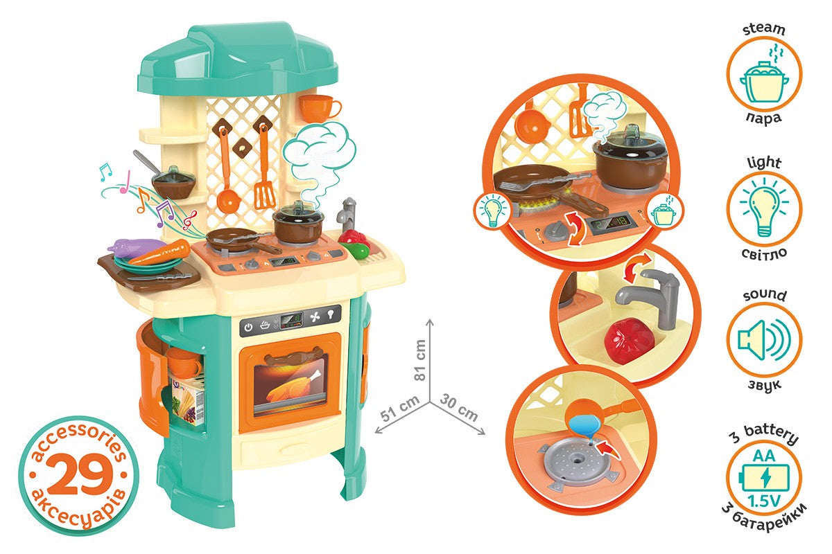 TechnoK 5637 Play Kitchen with Lights & Sounds, 29 Pieces