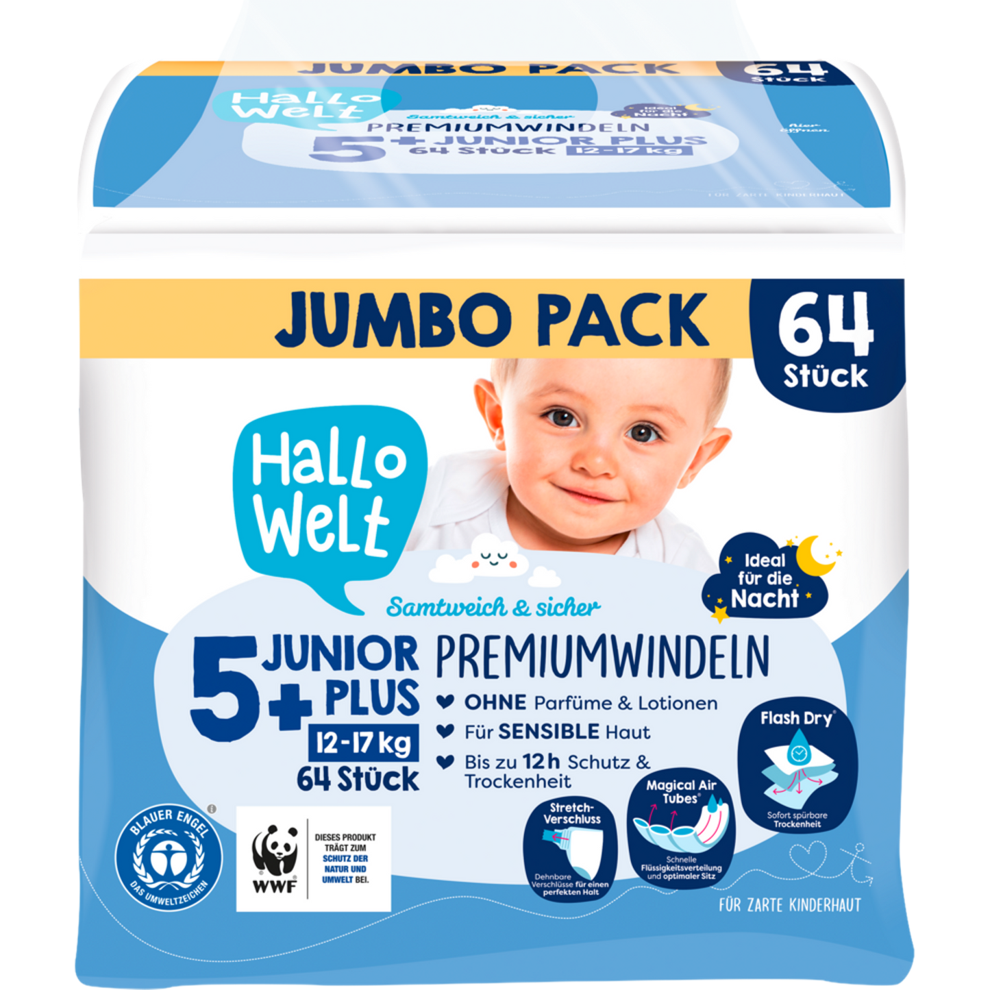 Hallo Welt Size 5+ Baby Diapers, 12-17 kg, 64 pcs