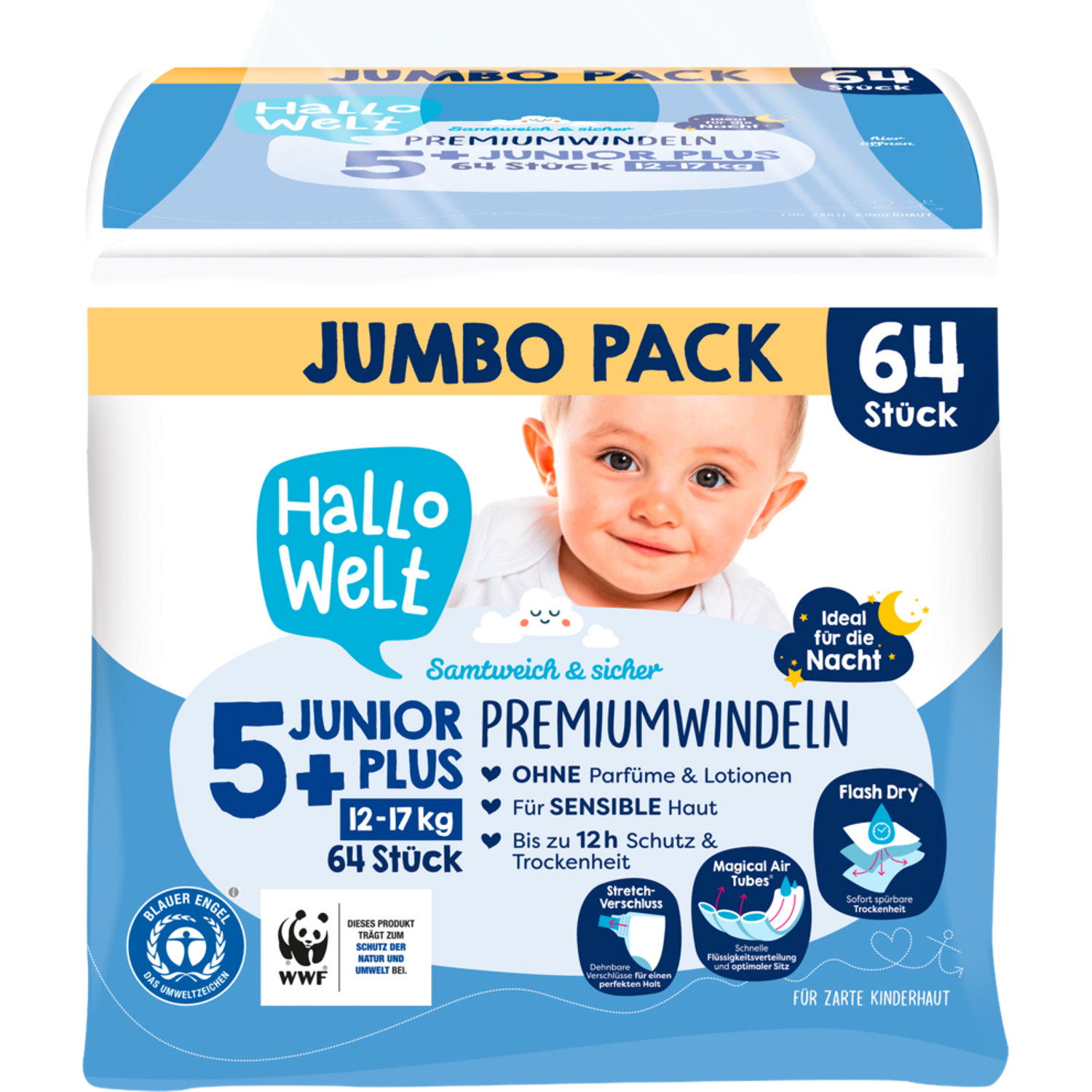 Hallo Welt Size 5+ Baby Diapers, 12-17 kg, 64 pcs