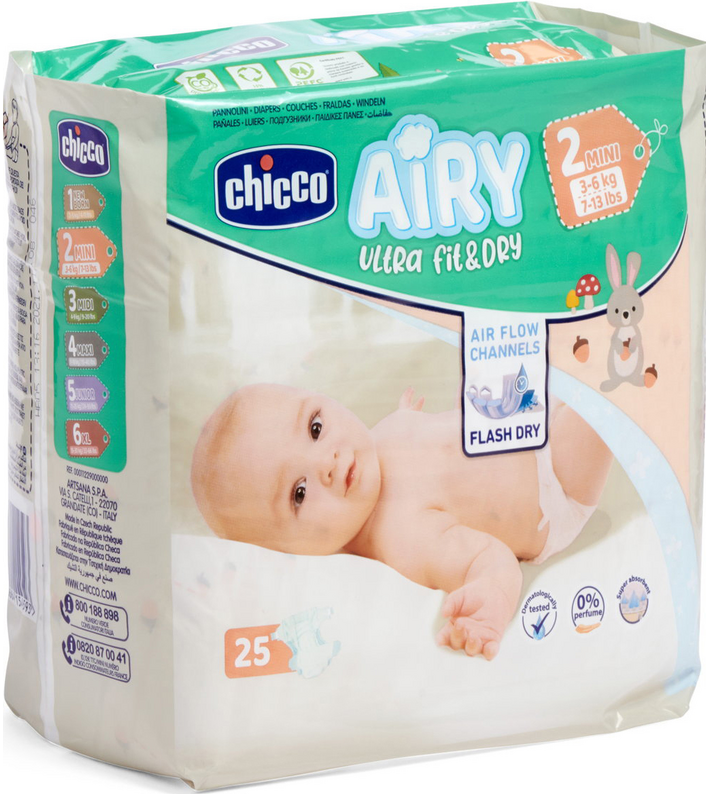Chicco Airy Ultra Fit & Dry Size 2 Baby Diapers, 3-6 kg, 25 pcs