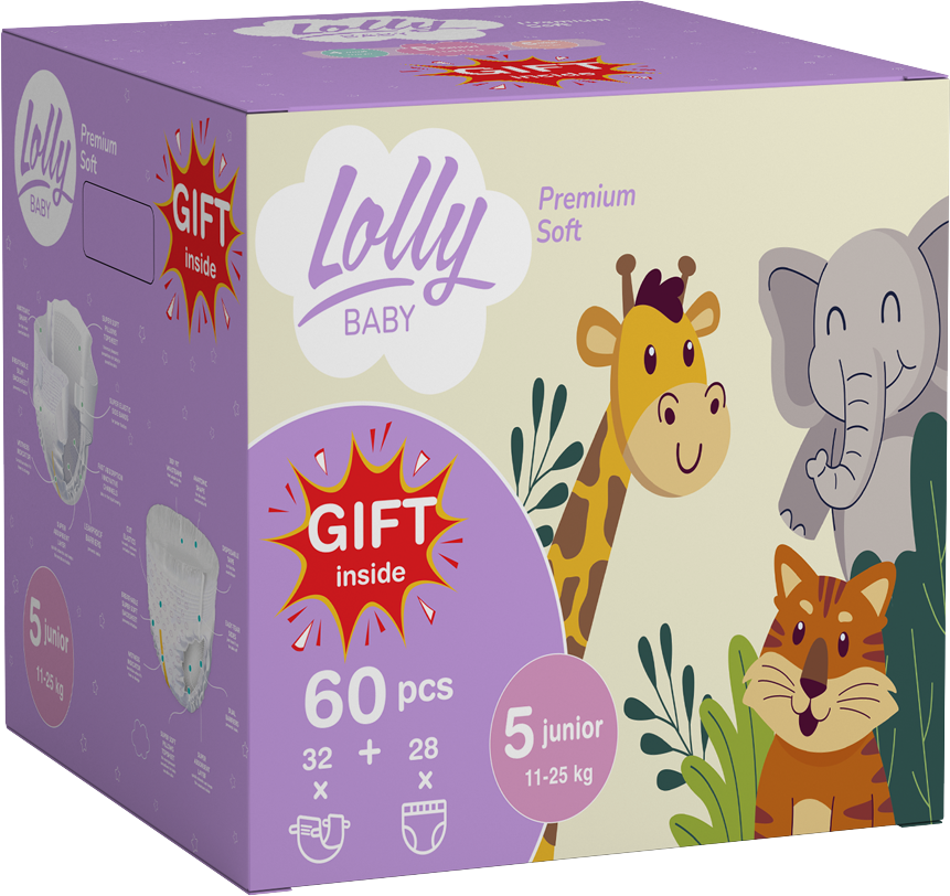Lolly Premium Soft Size 5 Baby Diaper Set: 32 Diapers, 28 Pull-Up Diaper Pants & Gift, 11-25 kg