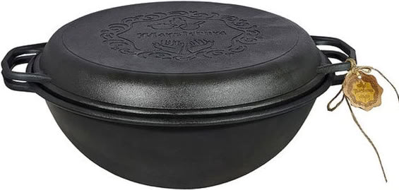 S&T T405CPGr Uzbek Cast-Iron Wok Kazan with Grill Frying Pan Lid, 8 L