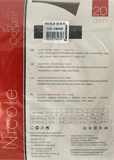 Daminex Nicole T-Band Women's Sheer Tights, 20 Den, Size 3/M, Mink - Image 2