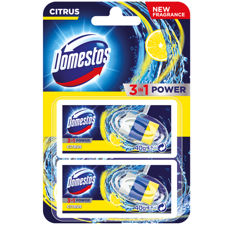 Domestos 3-in-1 Lemon Toilet Rim Block, 2 x 40 g