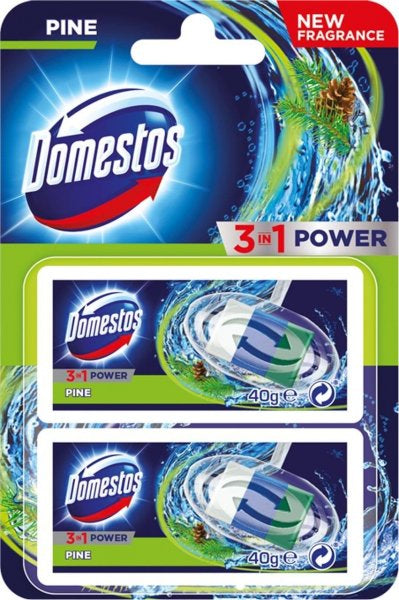 Domestos 3-in-1 Pine Toilet Rim Block, 2 x 40 g