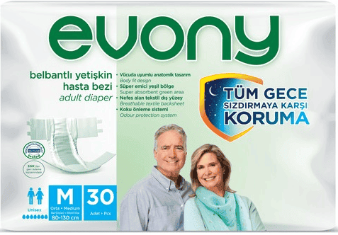Evony Medium 2 Adult Incontinence Briefs, 8-Drop Absorbency, 80-130 cm, 30 pcs