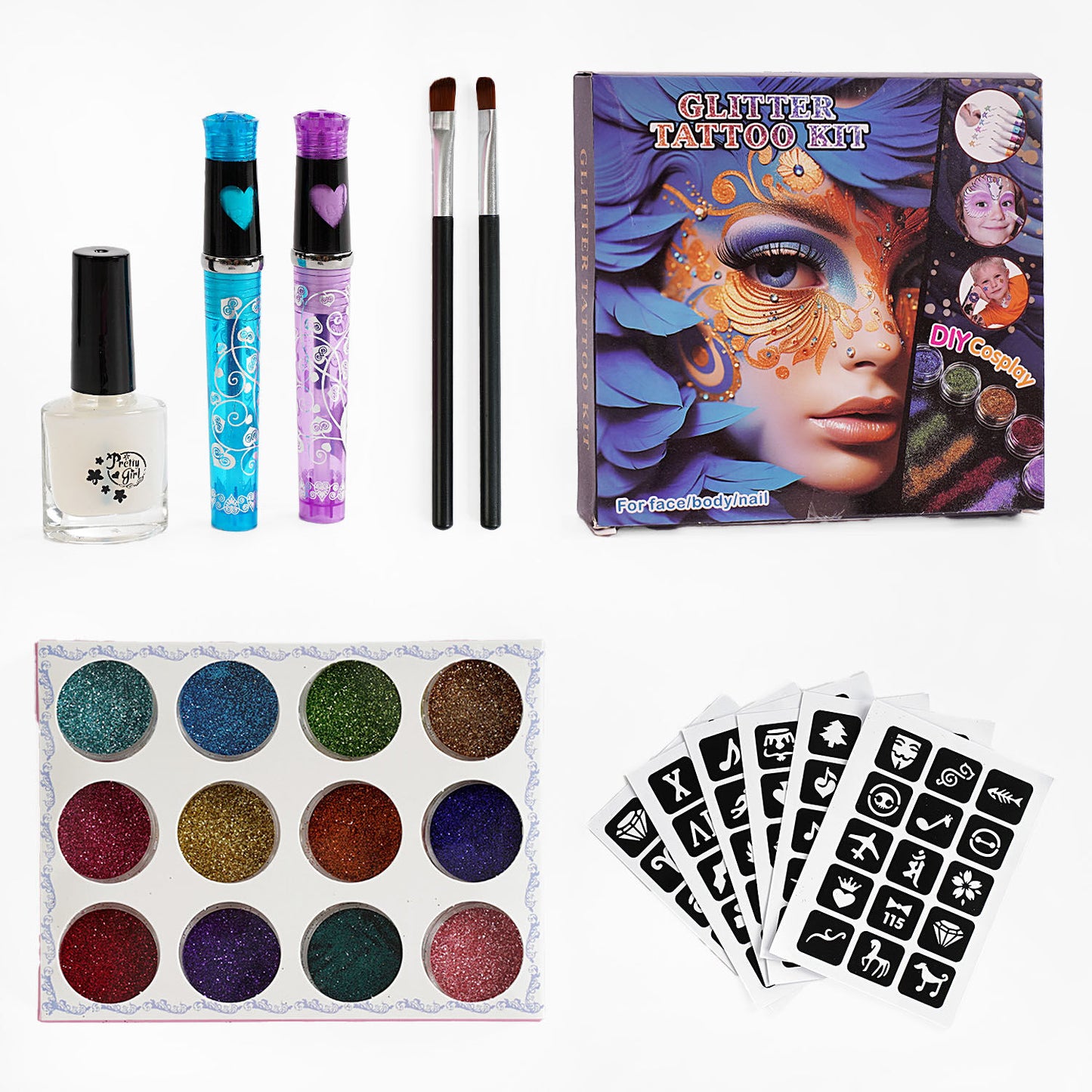 763-10 Glitter Tattoo Set with 6 Stencil Sheets, 12 Glitter Jars, Glitter Glue & 2 Glitter Pens