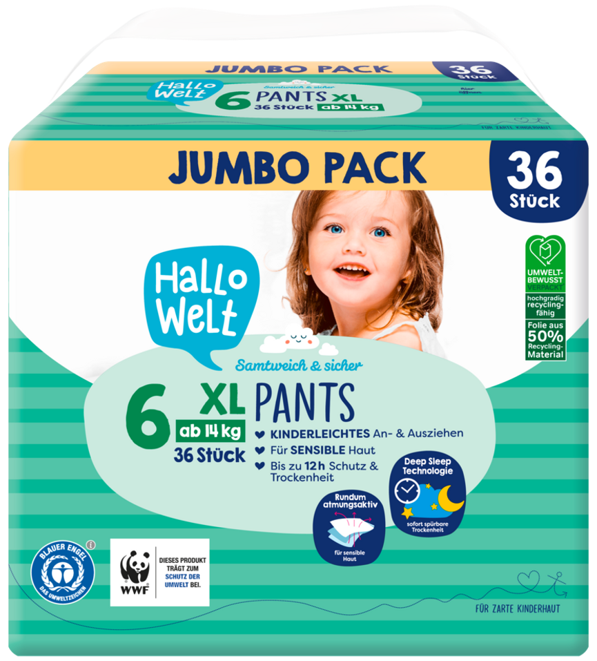 Hallo Welt Size 6 Baby Pull-Up Diaper Pants, 14+ kg, 36 pcs