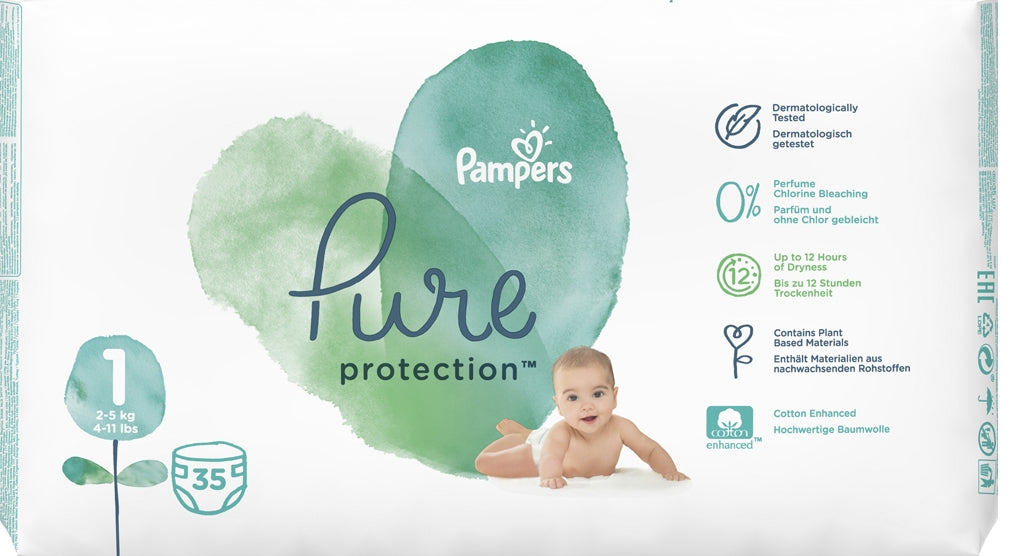 Pampers Pure Protection Newborn Size 1 Baby Diapers, 2-5 kg, 35 pcs