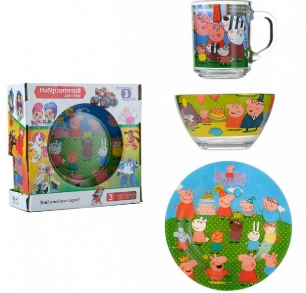 Peppa Pig Kids Glass Tableware Set, 3 pcs