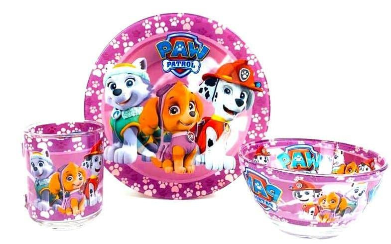 Paw Patrol Kids Glass Tableware Set for Girls, 3 pcs