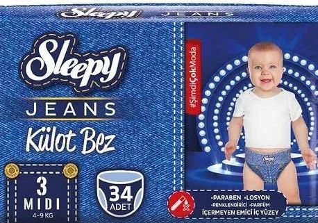 Sleepy Jeans Size 3 Baby Pull-Up Diaper Pants, 4-9 kg, 34 pcs