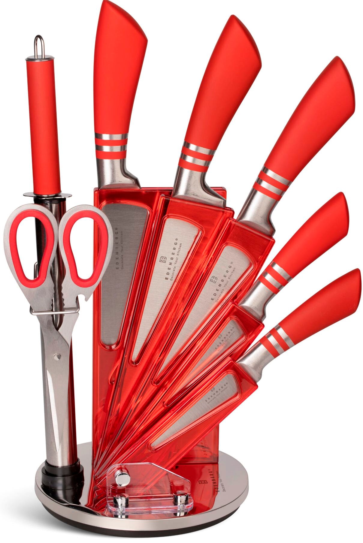 Edenberg EB-907 Red Stainless Steel Kitchen Knife Set with Stand, 8 pcs